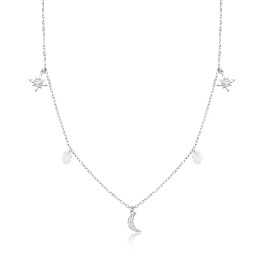 Choker Prata c/ Rodio Lua e Estrelas Cravejadas c/ Ponto Luz