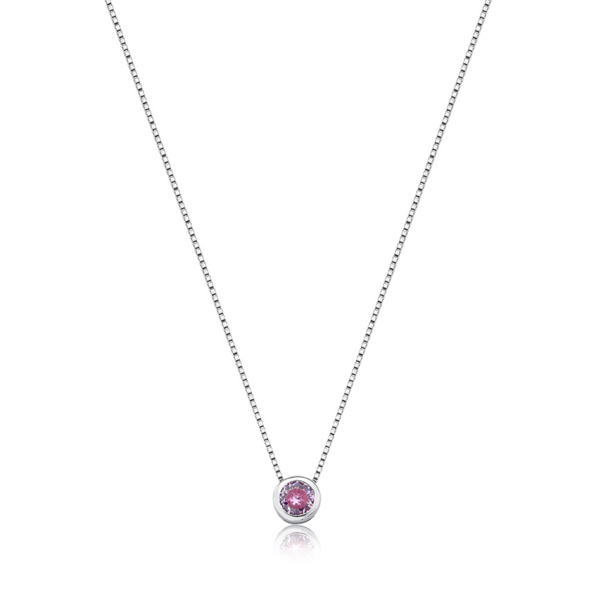Gargantilha Prata c/ Ródio Veneziana c/ Ponto Luz Zircônia Rosa Embutida