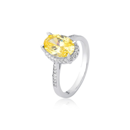 Anel Prata c/ Ródio Zircônia Citrino Oval Borda e Lateral Cravejadas