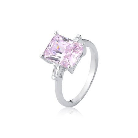 Anel Prata c/ Ródio Zircônia Rosa Retangular