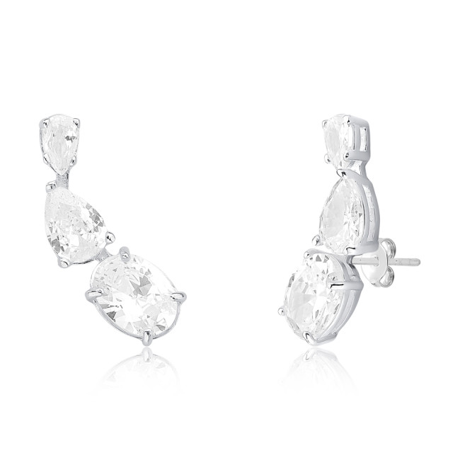 Brinco Prata Ear Cuff Trio Zircônia Oval e Gota