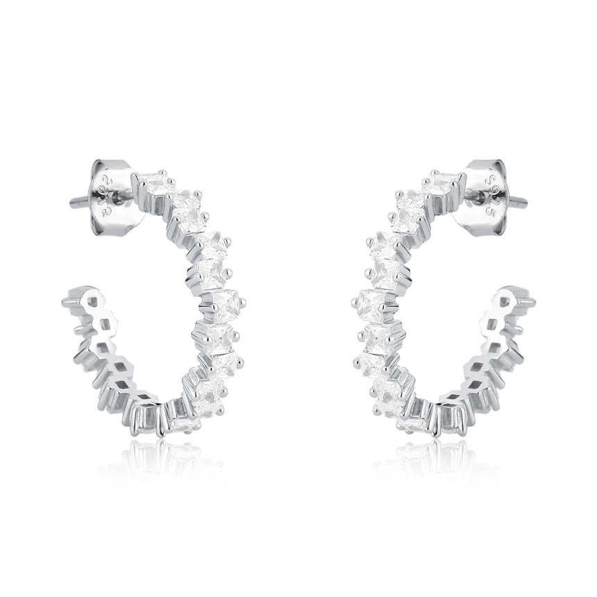Argola Prata c/ Ródio Zircônias Quadradas Irregulares  c/ Tarraxa 18mm