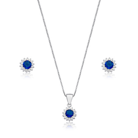 Conjunto Prata c/ Ródio Redondo Zircônia Safira Borda Cravejada Sol