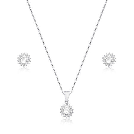 Conjunto Prata c/ Ródio Zircônia Redonda Borda Cravejada Sol