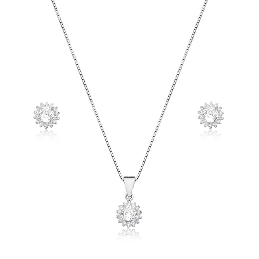 Conjunto Prata c/ Ródio Zircônia Redonda Borda Cravejada Sol