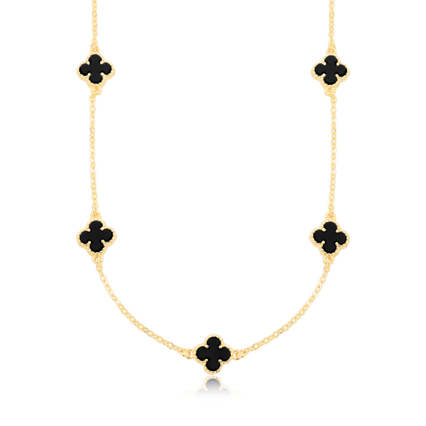 Gargantilha Cartier Trevo Acrílico Preto Folheada a Ouro 18k