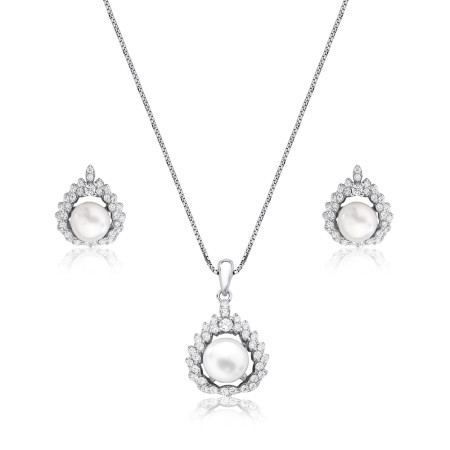 Conjunto Prata c/ Ródio Pérola c/ Borda Rendada Cravejada