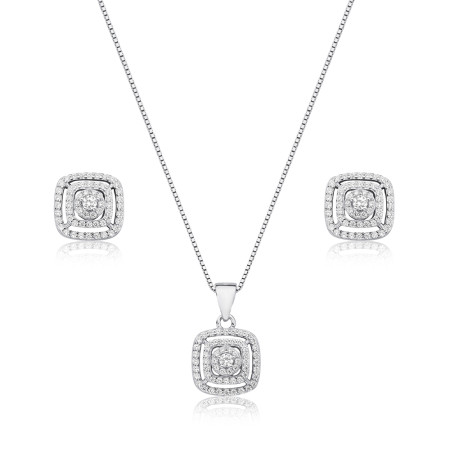 Conjunto Prata c/ Ródio Zircônia Redonda Borda Dupla Cravejada