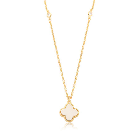 Gargantilha Portuguesinha c/ Trevo Acrílico Madrepérola e Pontos Luz Folheada a Ouro 18k