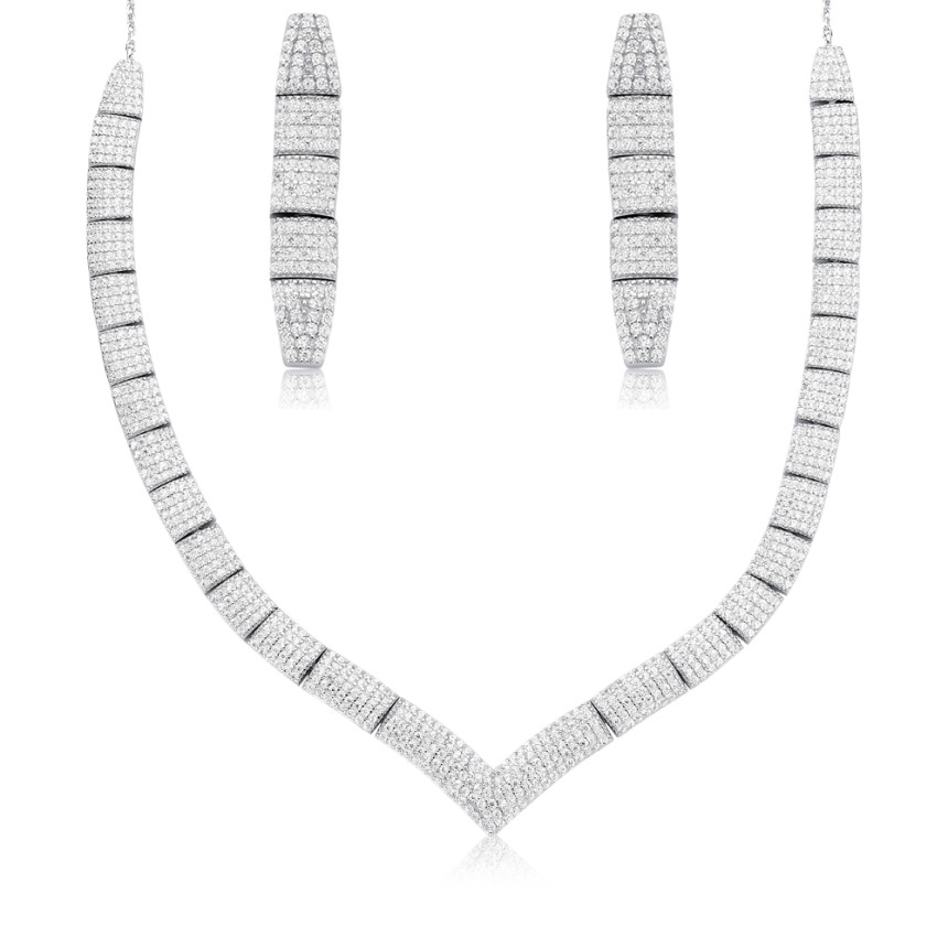 Conjunto Prata c/ Ródio Quadrados Cravejados