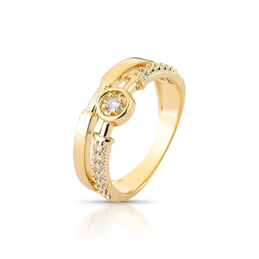 Anel Duplo Liso e Cravejado c/ Circulo Folheado a Ouro 18k