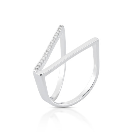 Anel Prata "V" Cravejado e Liso