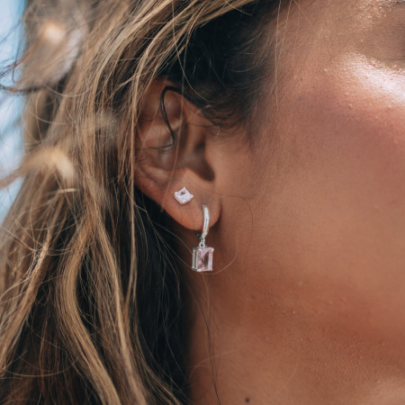 Brinco Prata Fixo Zircônia Quadrada Rosa 5mm