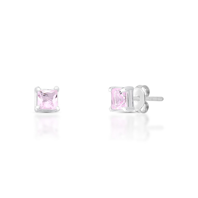 Brinco Prata Fixo Zircônia Quadrada Rosa 5mm