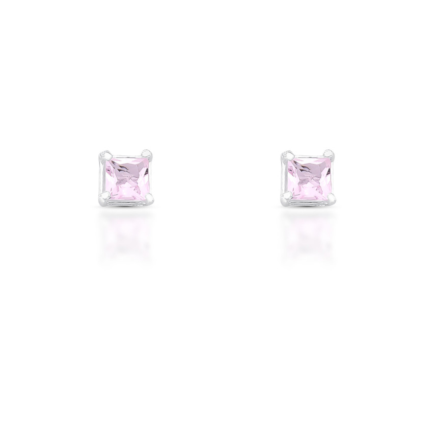 Brinco Prata Fixo Zircônia Quadrada Rosa 5mm