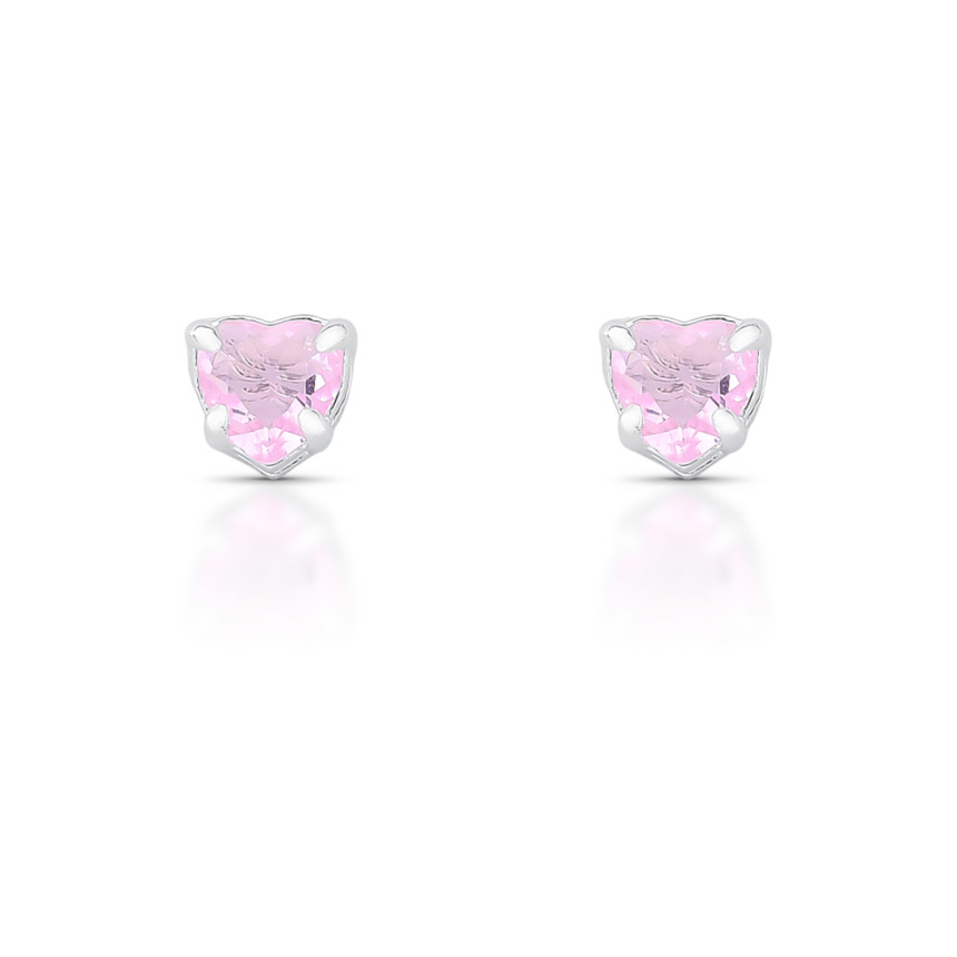 Brinco Prata Fixo Zircônia Coração Rosa 7mm