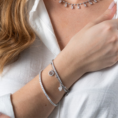 Pulseira Prata c/ Ródio Zircônia Riviera Redonda c/ Cartierzinha e Arvore da Vida