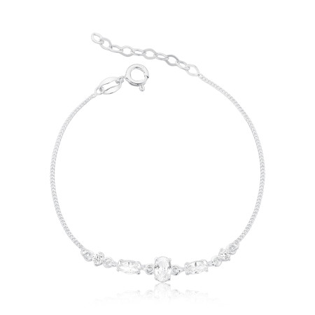 Pulseira Prata Grumezinha Zircôni Oval / Navete e Ponto Luz