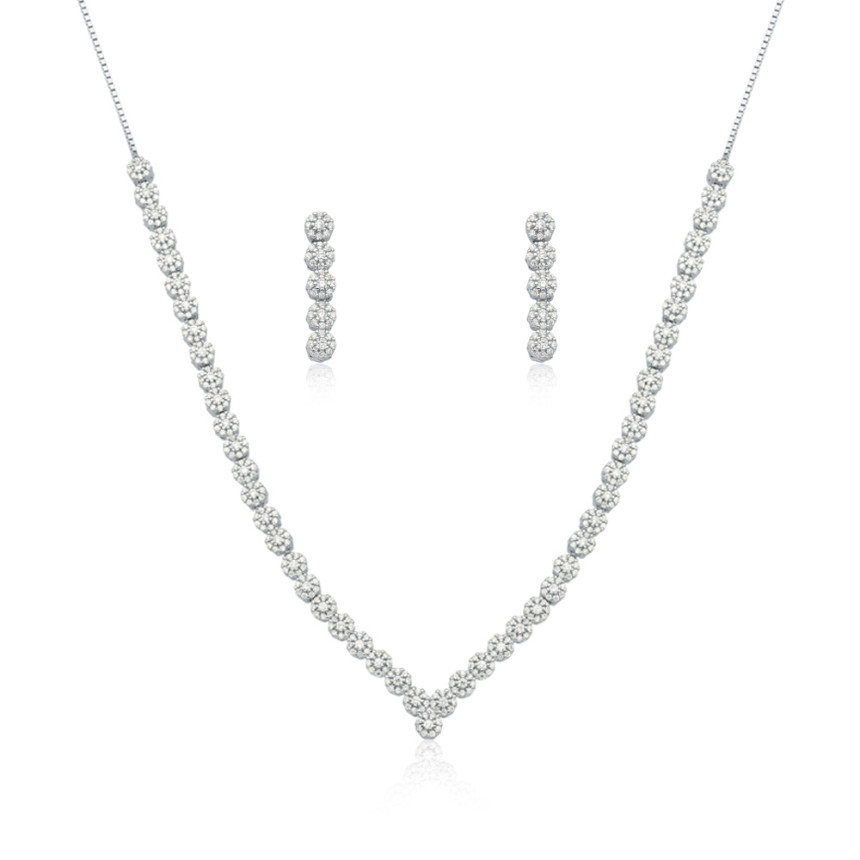 Conjunto Prata c/ Ródio "V" Flores Cravejadas