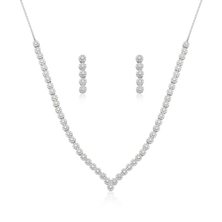 Conjunto Prata c/ Ródio "V" Flores Cravejadas