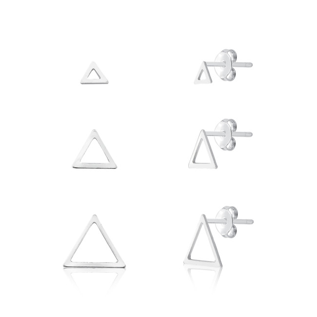 Kit Brincos Prata Fixos Triangulos Vazados