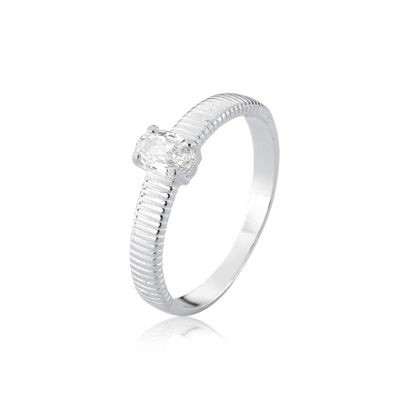Anel Prata Solitário Oval 6mm Aro Trabalhado Riscos