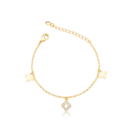 Pulseira Cartierzinha c/ Trevo Vazado Cravejado e Lisos Folheada a Ouro 18k