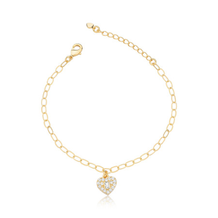 Pulseira Elos c/ Coração Cravejado e Zircônia Baguete Central Folheada a Ouro 18k