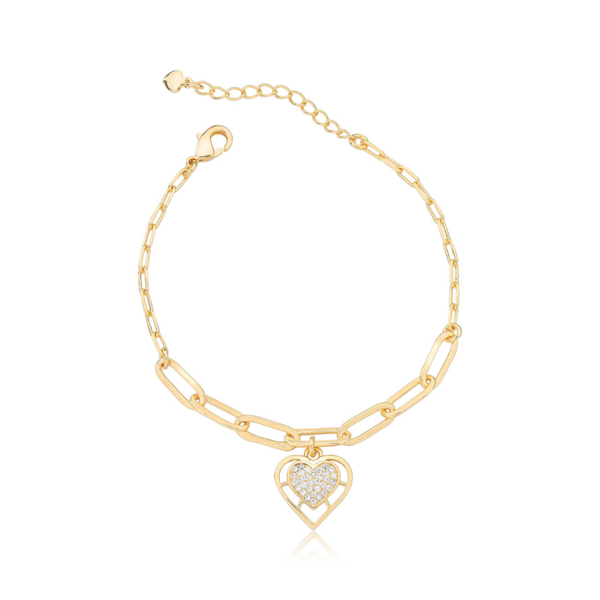 Pulseira Cartier c/ Coração Cravejado Borda Lisa Vazada Embutido Folheada a Ouro 18k