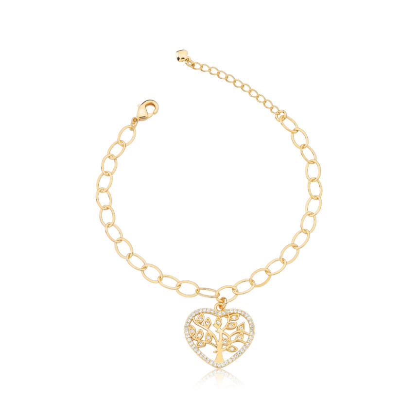 Pulseira Elos c/ Pingente Arvore da Vida Coração Cravejado Folheada a Ouro 18k
