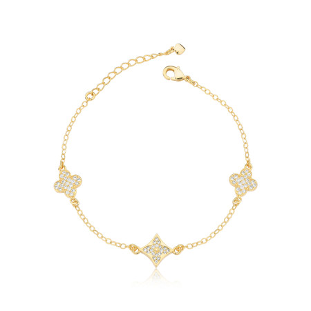 Pulseira Cartierzinha c/ Trevo e Balão Cravejado Folheada a Ouro 18k