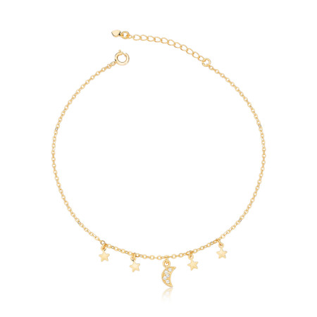 Tornozeleira Cartierzinha Lua Cravejada c/ Estrelas Lisas Folheada a Ouro 18k