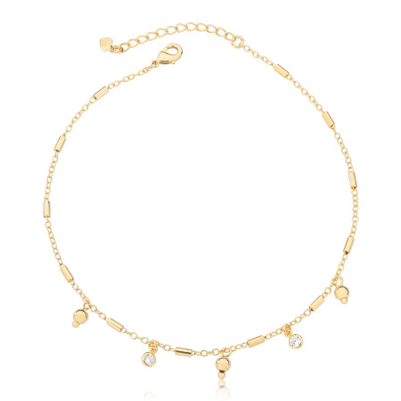 Tornozeleira Cartierzinha Tubos Lisos c/ Ponto Luz e Bolinhas Folheada a Ouro 18k