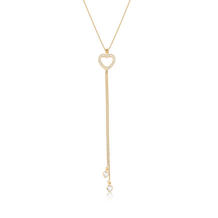 Gargantilha Gravatinha Coração Cravejado Vazado c/ Zircônias Coração Folheada a Ouro 18k