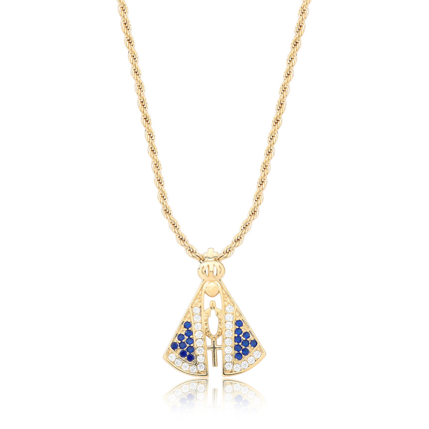Gargantilha Cordão Baiano Pingente Nossa Senhora Aparecida Cravejada Folheada a Ouro 18k