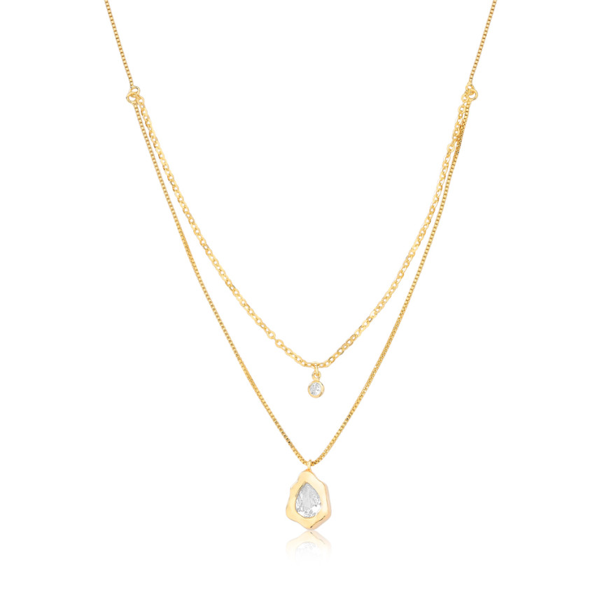 Choker Dupla Veneziana/ Cartierzinha Zircônia Gota Crusehd e Ponto Luz Folheado a Ouro 18k