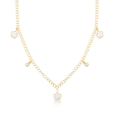 Choker Elos c/ Zircônia Flor e Ponto Luz Redondo Mini Folheado a Ouro 18k