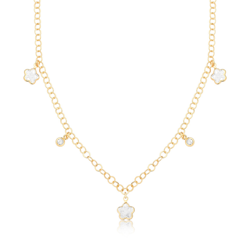 Choker Elos c/ Zircônia Flor e Ponto Luz Redondo Mini Folheado a Ouro 18k
