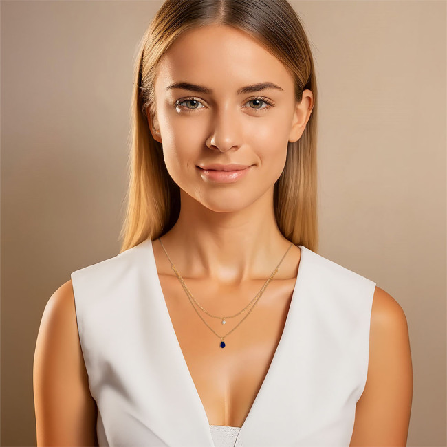 Choker Dupla Veneziana/Cartierzinha Zircônia Gota Safira e Ponto Luz Folheado a Ouro 18k