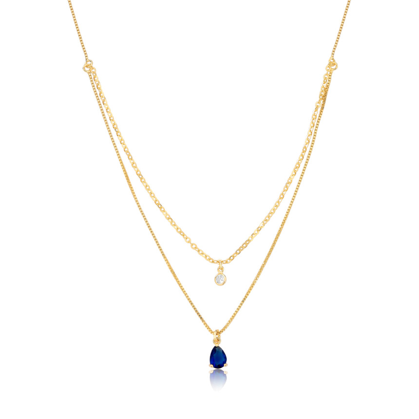 Choker Dupla Veneziana/Cartierzinha Zircônia Gota Safira e Ponto Luz Folheado a Ouro 18k