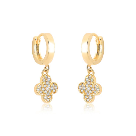 Argola Click Lisa 12mm c/ Pingente Trevo Cravejado Folheada a Ouro 18k