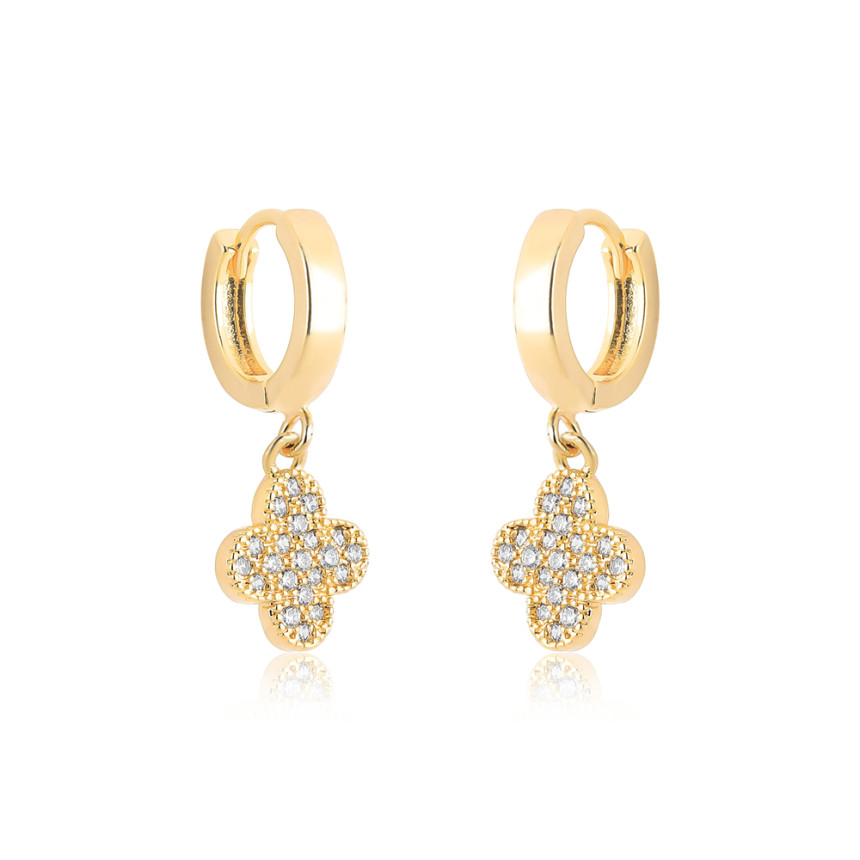 Argola Click Lisa 12mm c/ Pingente Trevo Cravejado Folheada a Ouro 18k