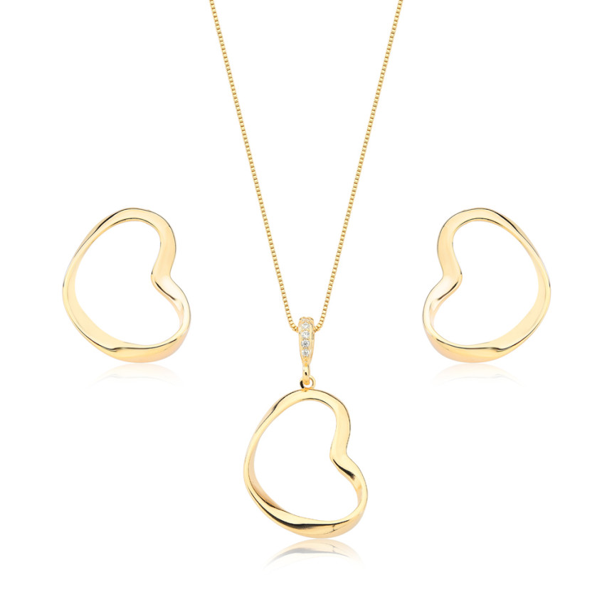Conjunto Coração Liso Vazado Crushed Folheado a Ouro 18K