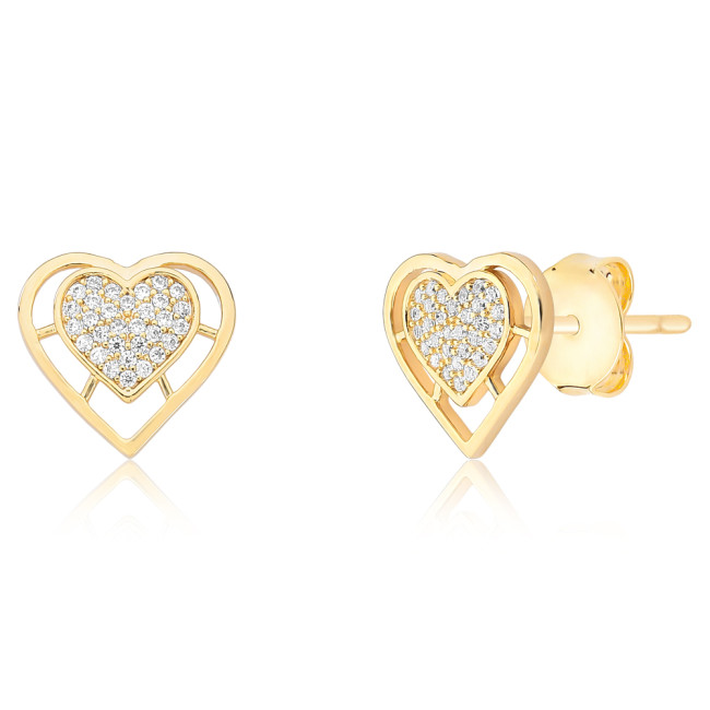Conjunto Coração Cravejado Borda Lisa Vazada Folheado a Ouro 18K