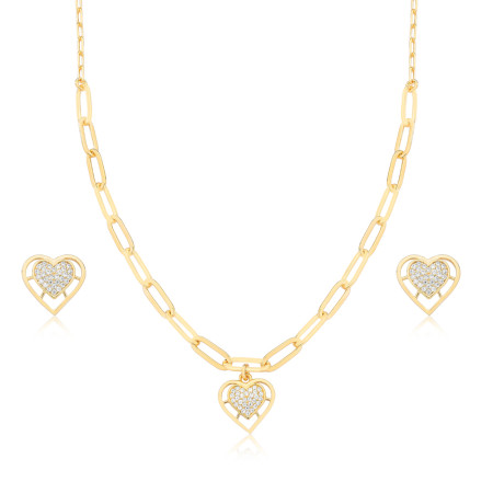 Conjunto Coração Cravejado Borda Lisa Vazada Folheado a Ouro 18K