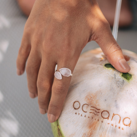 Anel Prata Pedra Natural Quartzo Rosa Gota Dupla