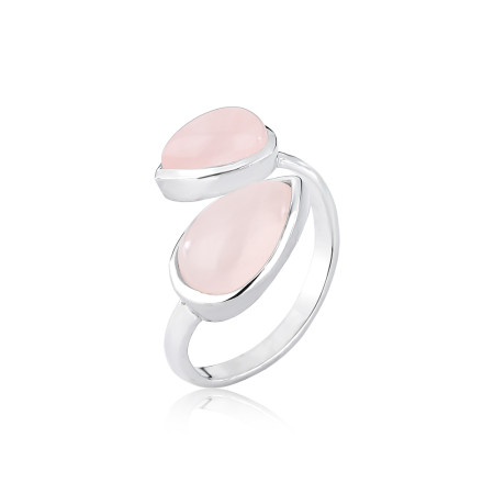 Anel Prata Pedra Natural Quartzo Rosa Gota Dupla