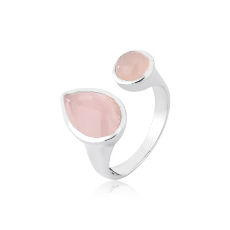 Anel Prata Pedra Natural Quartzo Rosa Redondo e Gota