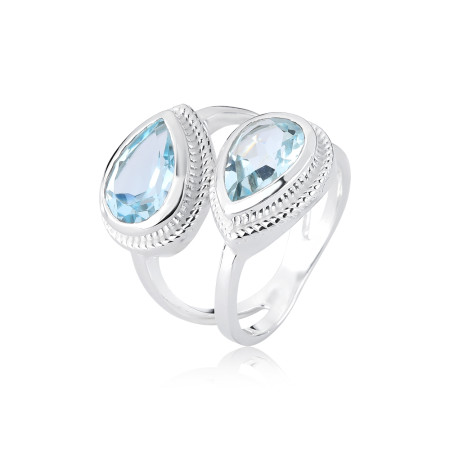 Anel Prata Pedra Natural Topazio Azul Gota Dupla