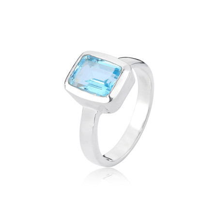 Anel Prata Pedra Natural Topázio Azul Retangular Embutida